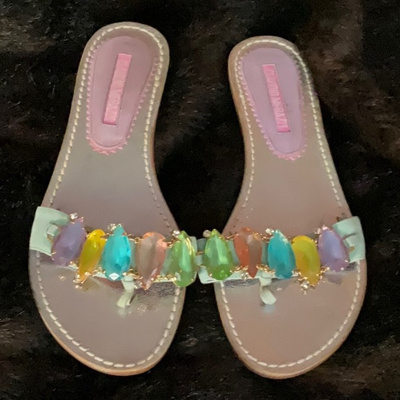NEW Claudio Merazzi multi color large gem thong sandals, gold heels 39 8.5 9 - Picture 1 of 6